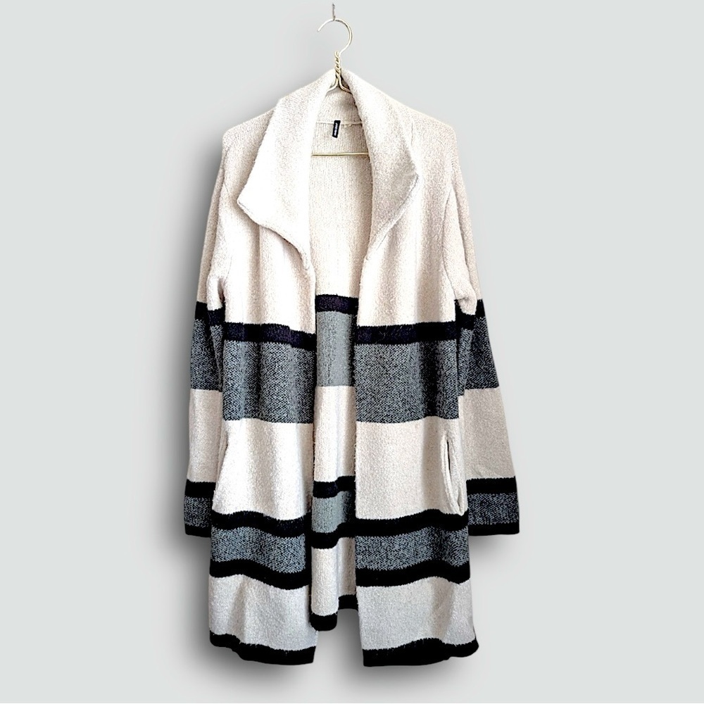 Amanda Green Open Front Collar Striped Colorblock Cozy Slouchy Knit Cardigan